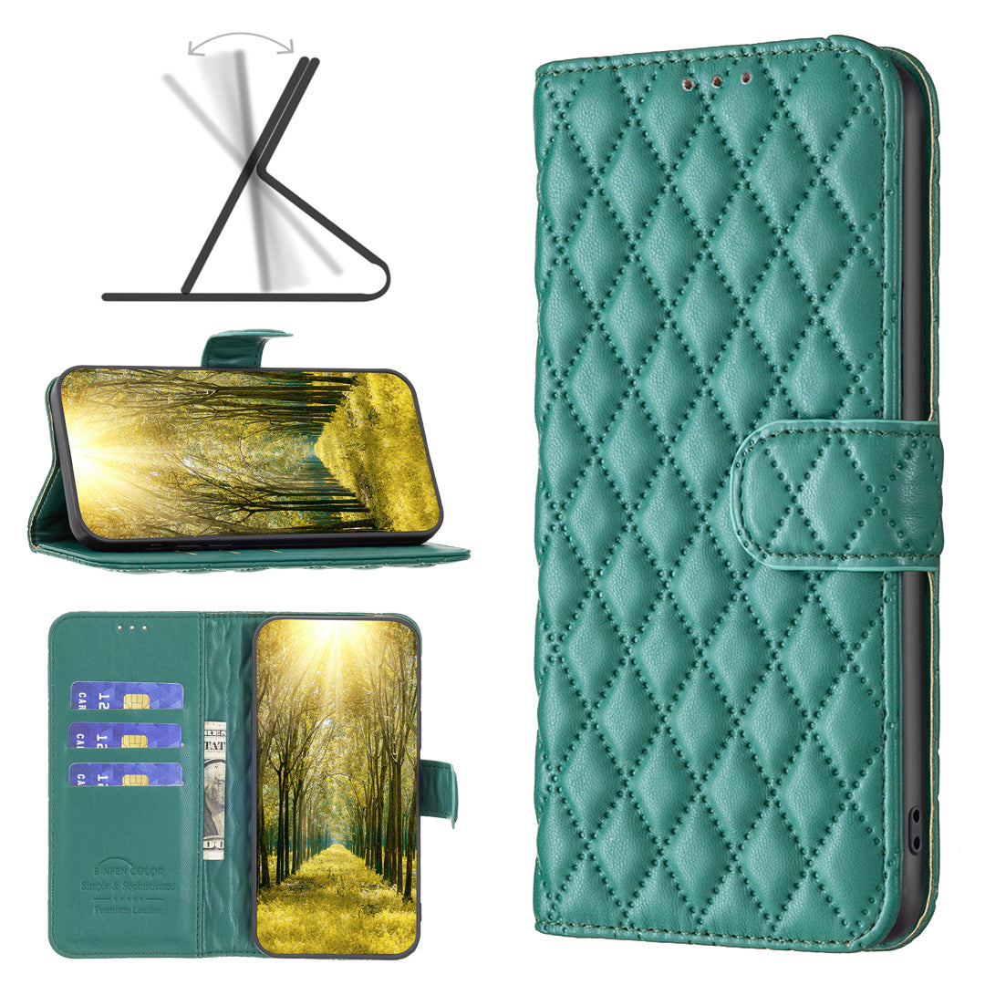 Binfen Color BF Style-14 for iPhone 15 Anti-Scratch Cell Phone Shell Imprinted Stand Leather Wallet Smartphone Cover - Green