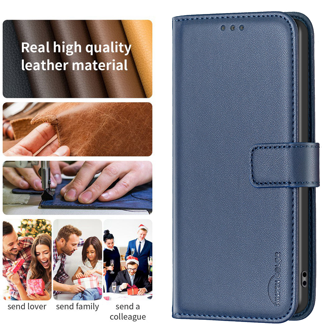 Binfen Color BF17 For iPhone 15 Pro Stand Design Phone Cover Ultra-Light Wallet TPU+PU Leather Phone Case - Blue