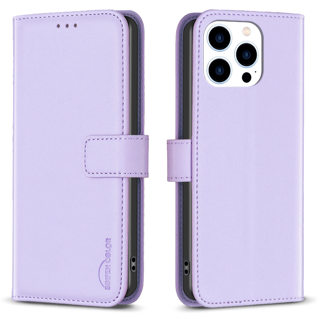 Binfen Color BF17 For iPhone 15 Pro Stand Design Phone Cover Ultra-Light Wallet TPU+PU Leather Phone Case - Purple