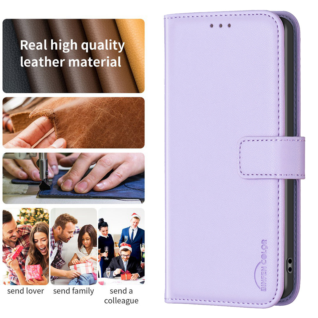 Binfen Color BF17 For iPhone 15 Pro Stand Design Phone Cover Ultra-Light Wallet TPU+PU Leather Phone Case - Purple
