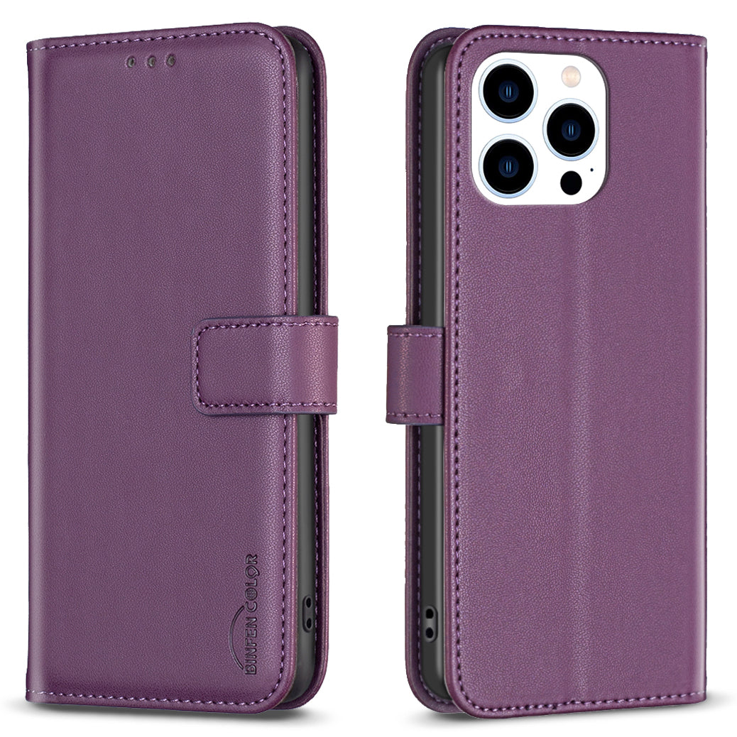 Binfen Color BF17 For iPhone 15 Pro Stand Design Phone Cover Ultra-Light Wallet TPU+PU Leather Phone Case - Dark Purple