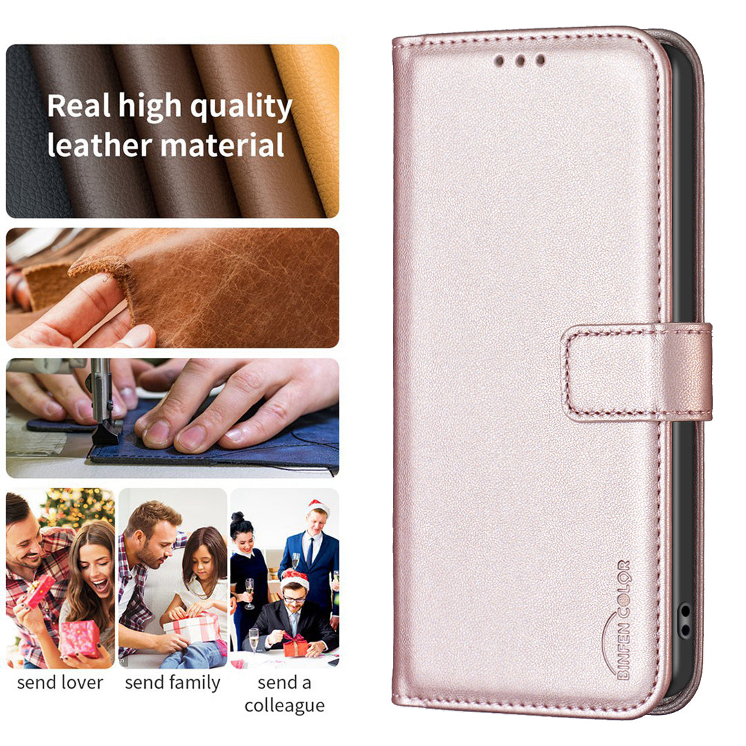 Binfen Color BF17 For iPhone 15 Pro Max Anti-Scratch Wallet Stand Cell Phone Cover TPU+PU Leather Phone Case - Rose Gold