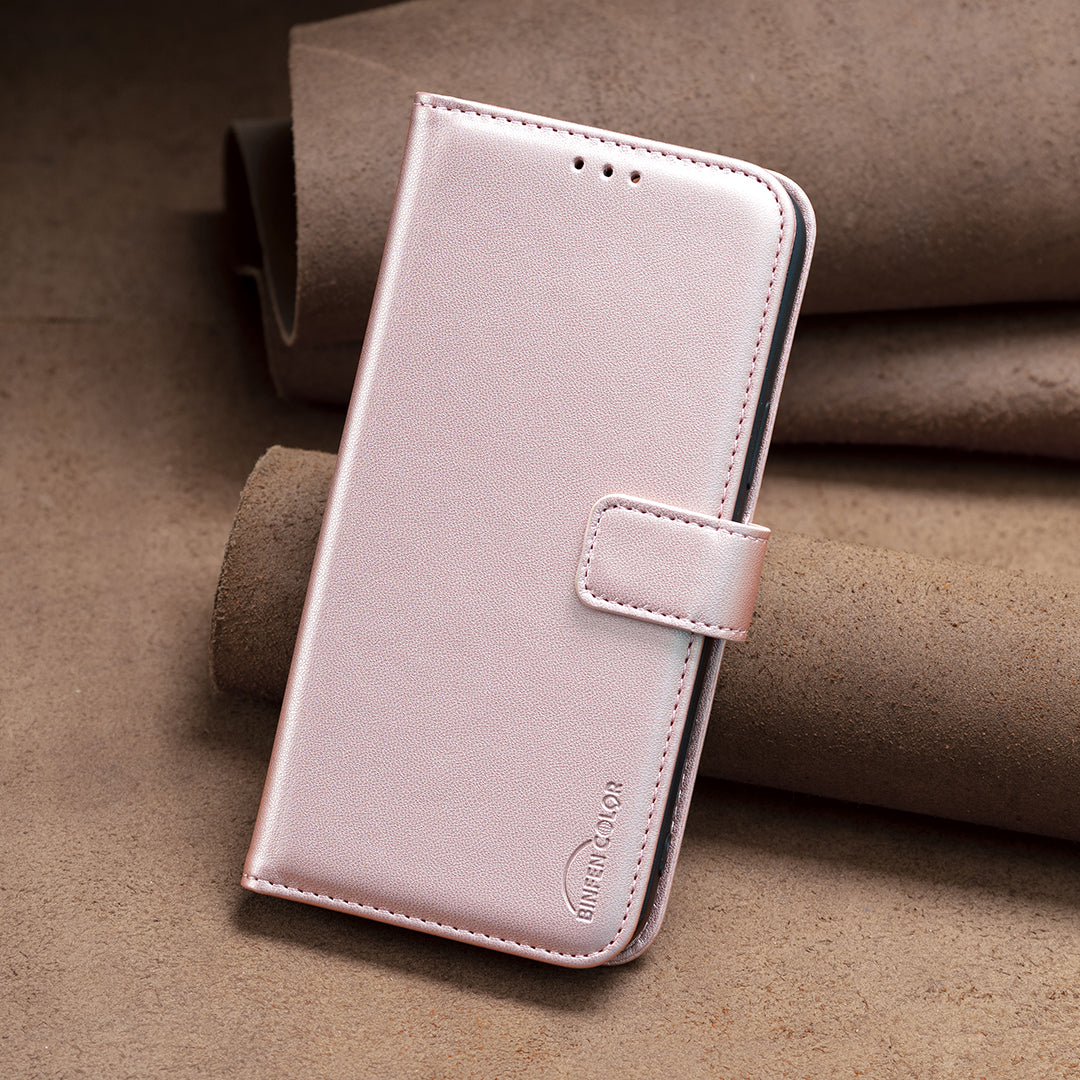 Binfen Color BF17 For iPhone 15 Pro Max Anti-Scratch Wallet Stand Cell Phone Cover TPU+PU Leather Phone Case - Rose Gold