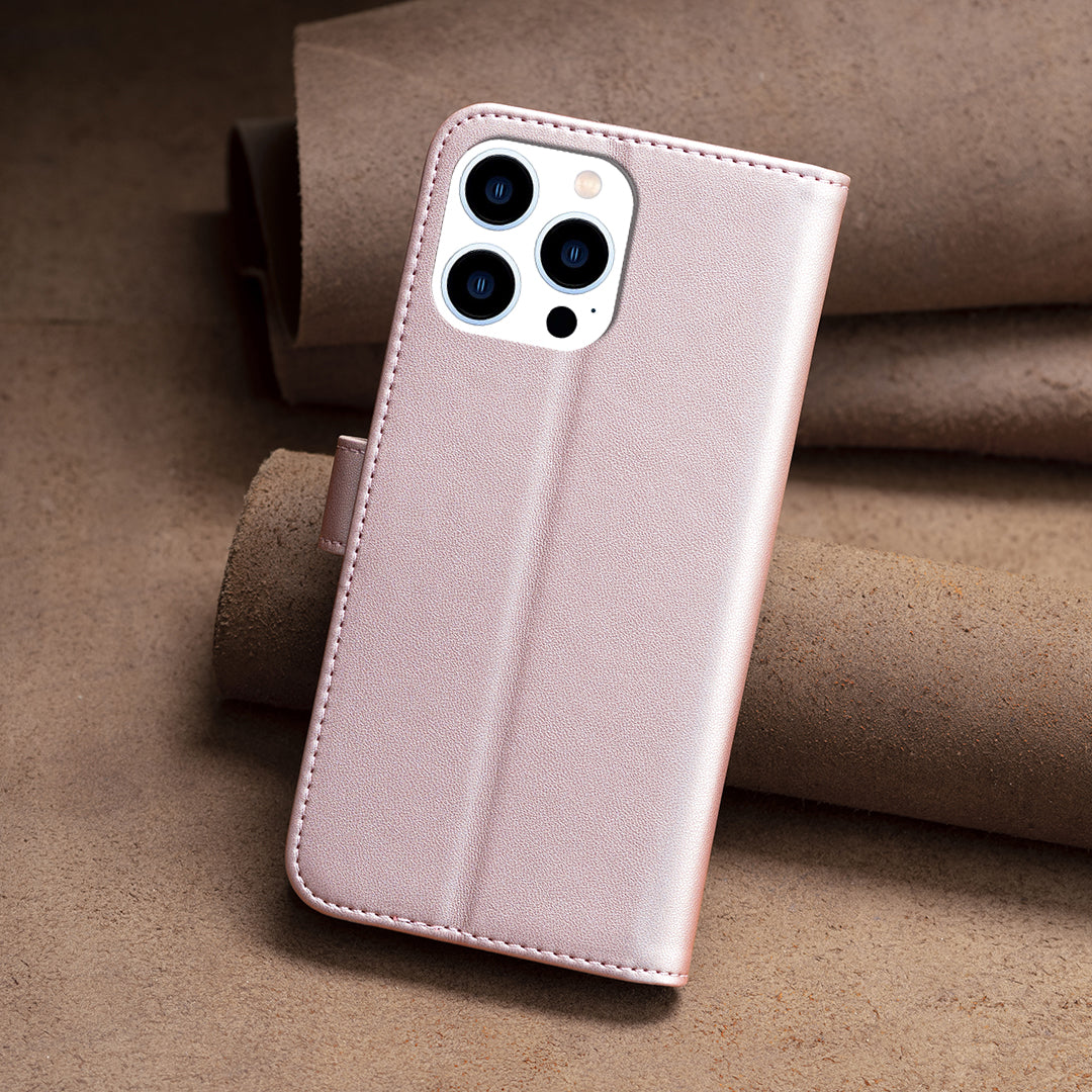 Binfen Color BF17 For iPhone 15 Pro Max Anti-Scratch Wallet Stand Cell Phone Cover TPU+PU Leather Phone Case - Rose Gold
