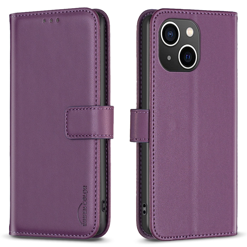 Binfen Color BF17 For iPhone 15 Phone Cover Stand Design Wallet TPU+PU Leather Phone Case - Dark Purple