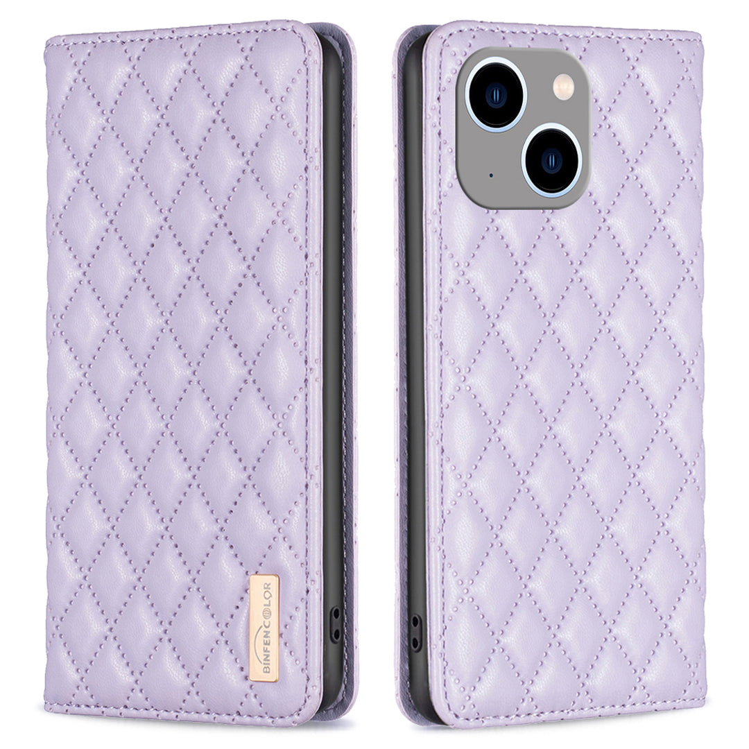 Binfen Color BF Style-16 For iPhone 15 Plus Card Holder Phone Case Drop-proof PU Leather Stand Shell - Purple
