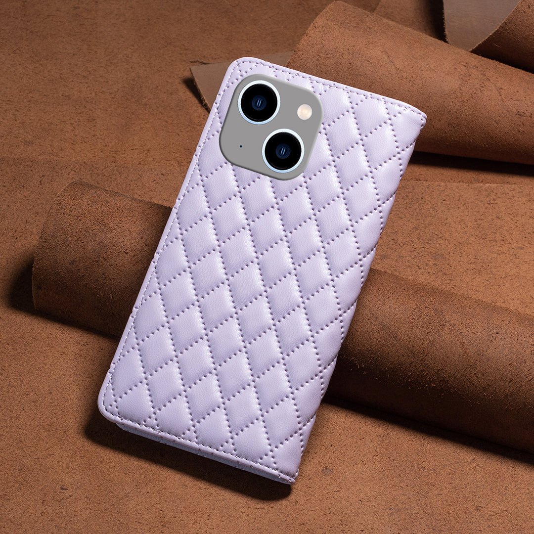 Binfen Color BF Style-16 For iPhone 15 Plus Card Holder Phone Case Drop-proof PU Leather Stand Shell - Purple