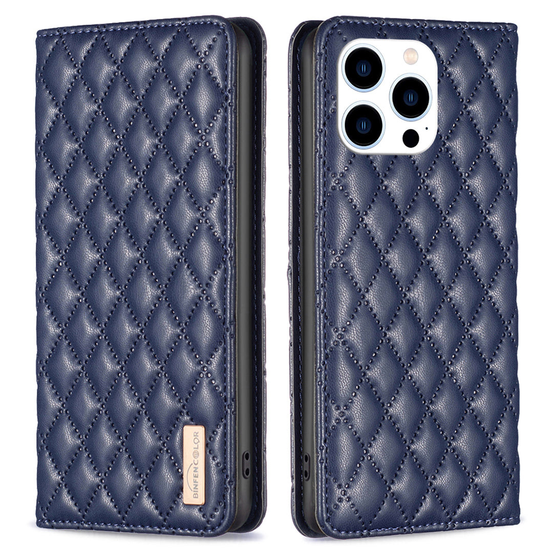 Binfen Color BF Style-16 For iPhone 15 Pro PU Leather Stand Case Anti-drop Card Holder Phone Cover - Blue