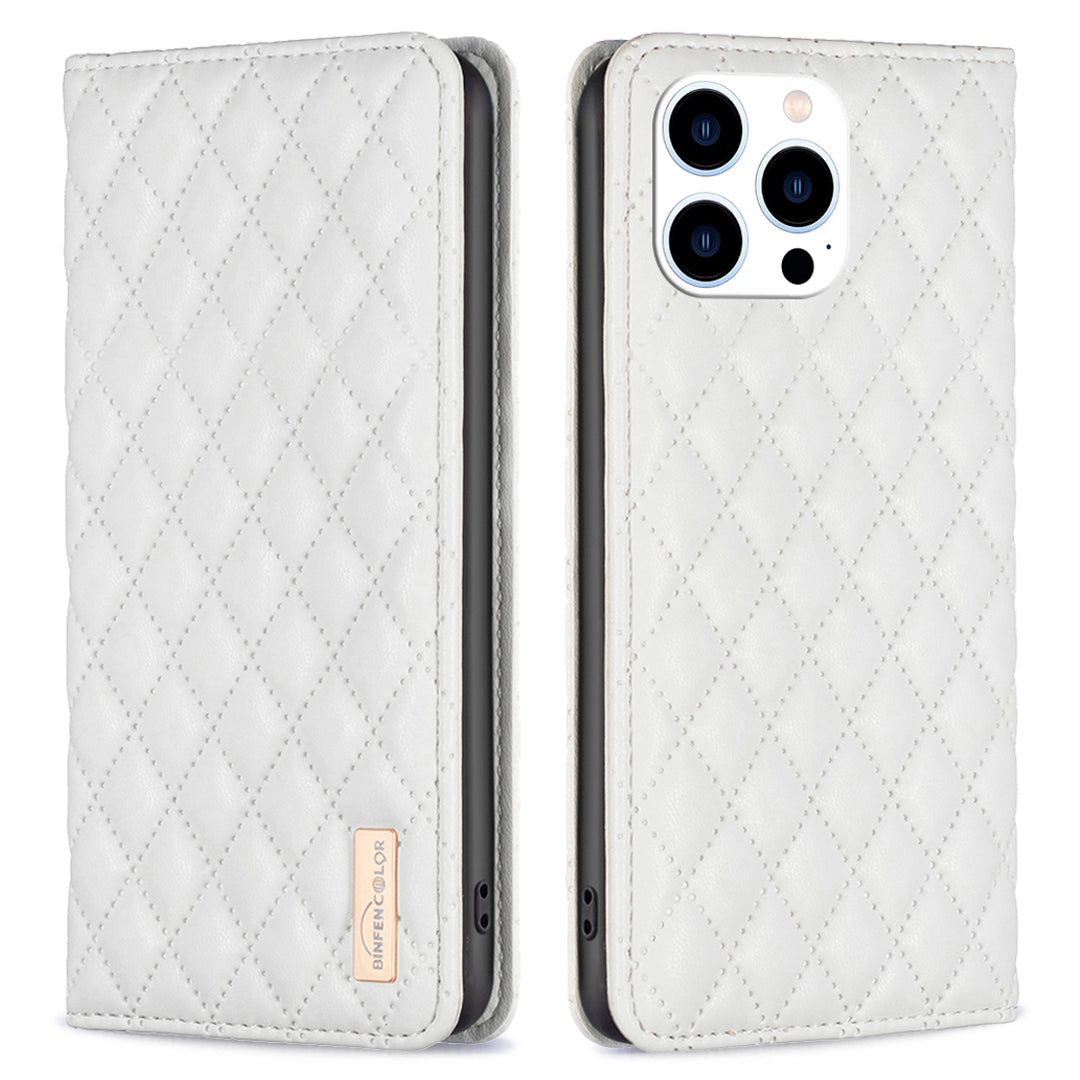 Binfen Color BF Style-16 For iPhone 15 Pro PU Leather Stand Case Anti-drop Card Holder Phone Cover - White