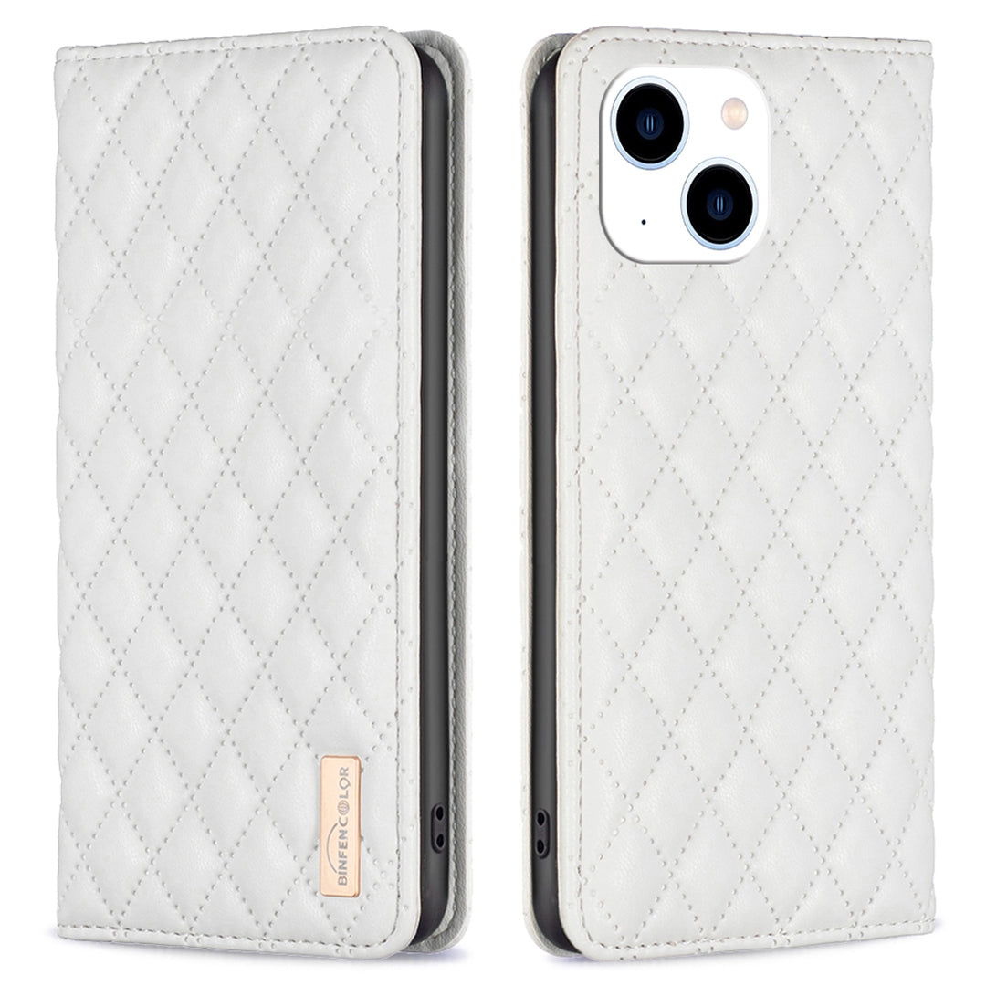 Binfen Color BF Style-16 For iPhone 15 Phone Case Anti-drop PU Leather Stand Shell with Card Slots - White