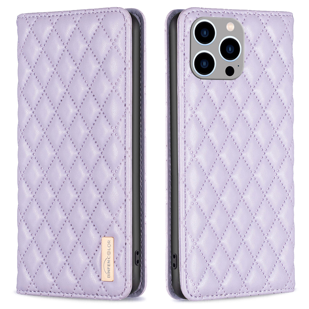 Binfen Color BF Style-16 For iPhone 15 Pro Max PU Leather Flip Stand Cover Card Holder Phone Case - Purple