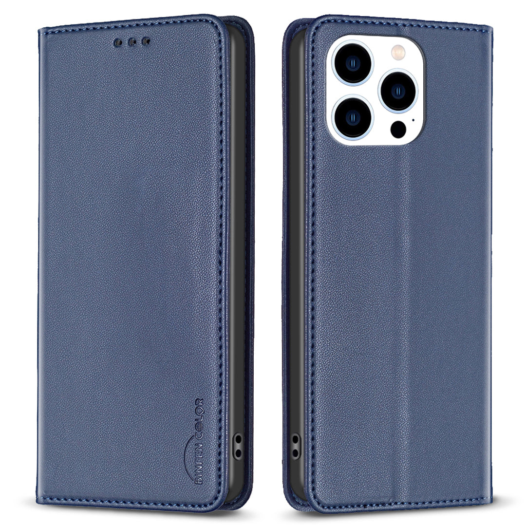 Binfen Color BF18 Protective Case for iPhone 15 Pro Leather Stand Phone Cover with Card Slots - Blue