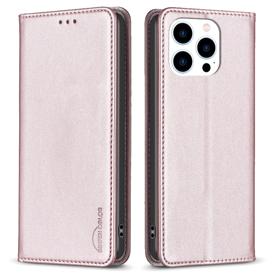 Binfen Color BF18 Protective Case for iPhone 15 Pro Leather Stand Phone Cover with Card Slots - Rose Gold
