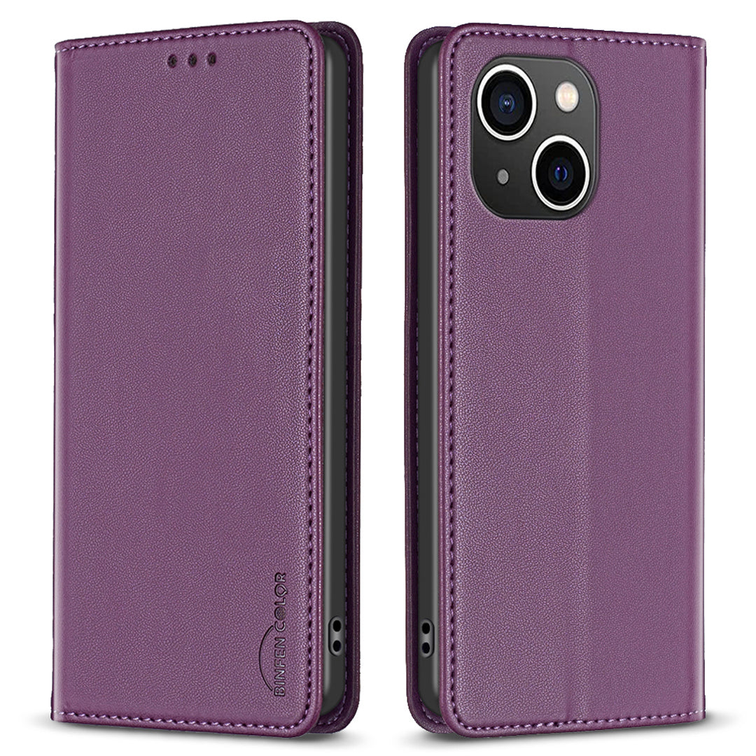 Binfen Color BF18 For iPhone 15 PU Leather Card Holder Cover Flip Stand Phone Case - Dark Purple