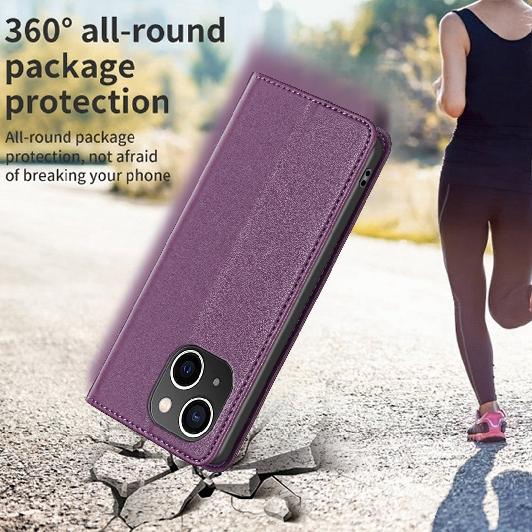 Binfen Color BF18 For iPhone 15 PU Leather Card Holder Cover Flip Stand Phone Case - Dark Purple