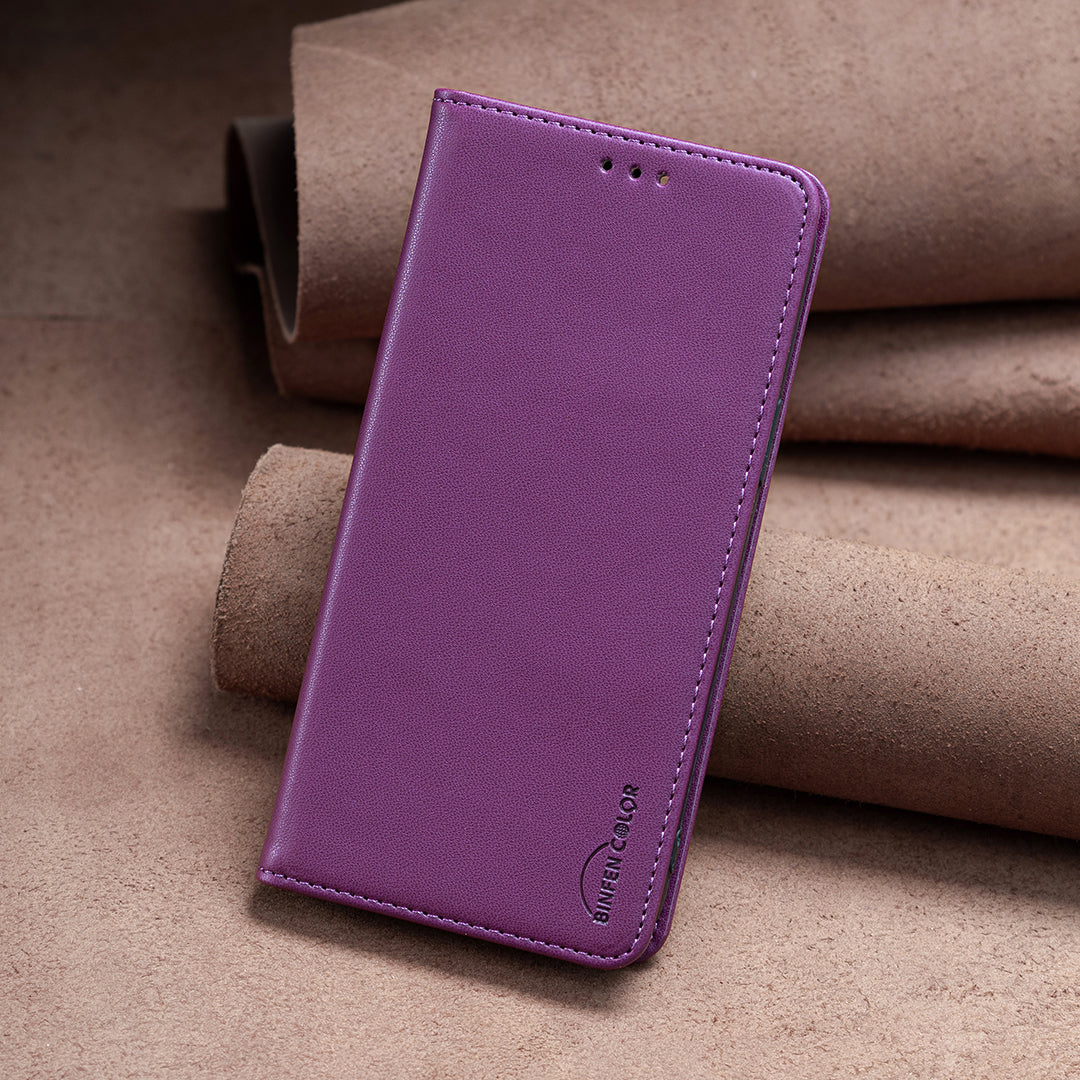 Binfen Color BF18 For iPhone 15 PU Leather Card Holder Cover Flip Stand Phone Case - Dark Purple