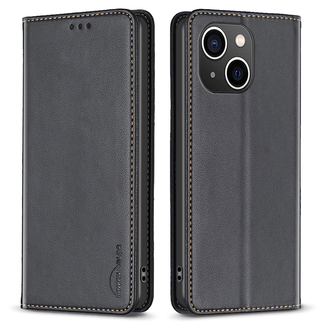 Binfen Color BF18 For iPhone 15 PU Leather Card Holder Cover Flip Stand Phone Case - Black