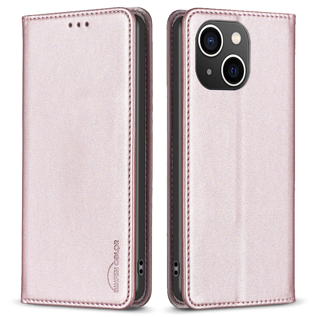 Binfen Color BF18 For iPhone 15 PU Leather Card Holder Cover Flip Stand Phone Case - Rose Gold