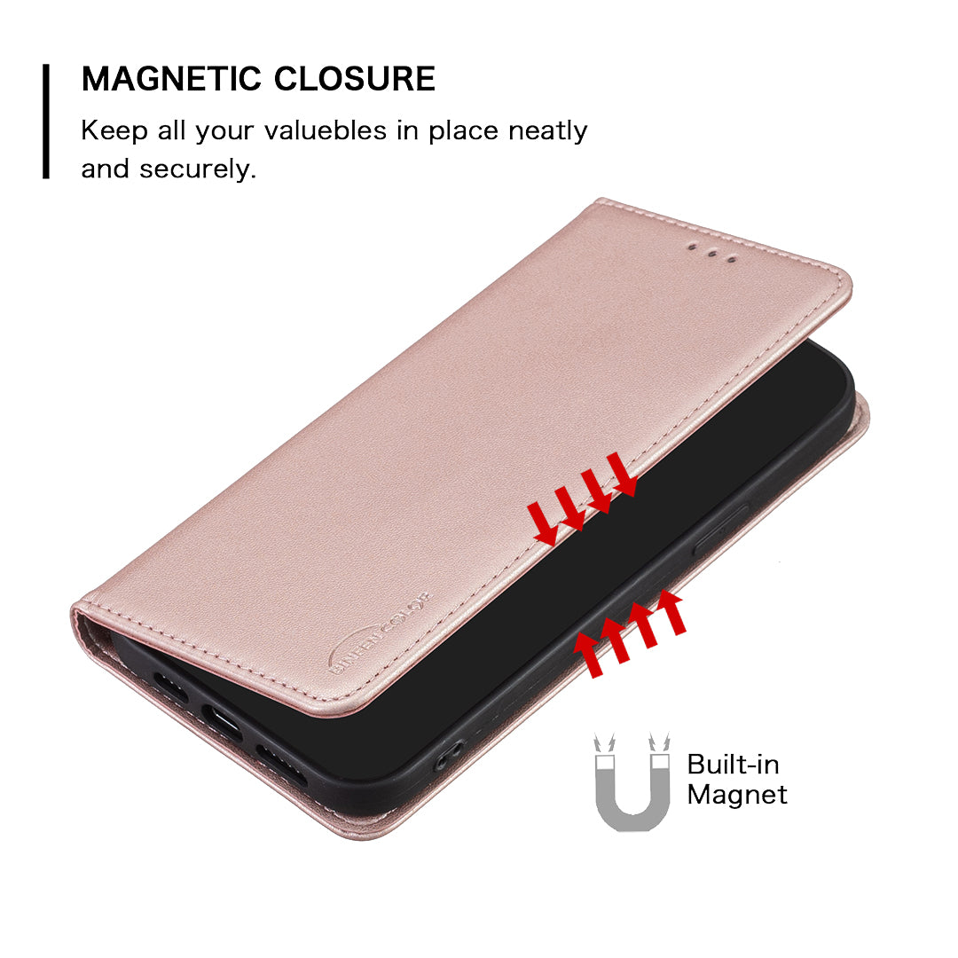 Binfen Color BF18 For iPhone 15 PU Leather Card Holder Cover Flip Stand Phone Case - Rose Gold