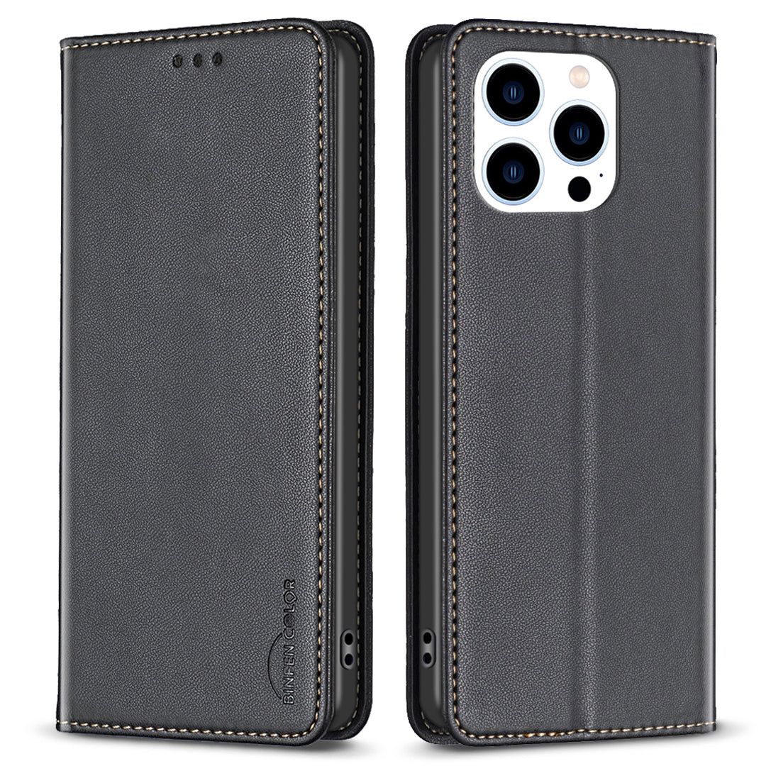 Binfen Color BF18 For iPhone 15 Pro Max PU Leather Shockproof Cover Card Holder Stand Phone Case - Black