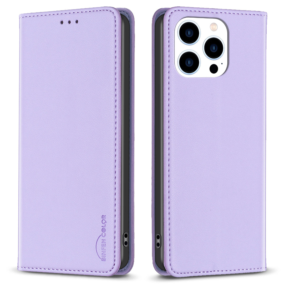 Binfen Color BF18 For iPhone 15 Pro Max PU Leather Shockproof Cover Card Holder Stand Phone Case - Purple