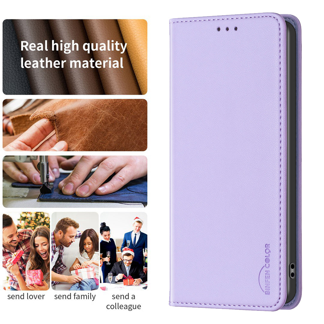 Binfen Color BF18 For iPhone 15 Pro Max PU Leather Shockproof Cover Card Holder Stand Phone Case - Purple