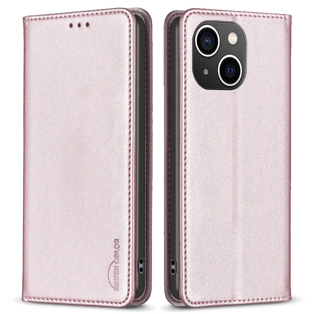 Binfen Color BF18 PU Leather Cover for iPhone 15 Plus Card Holder Phone Case with Stand - Rose Gold