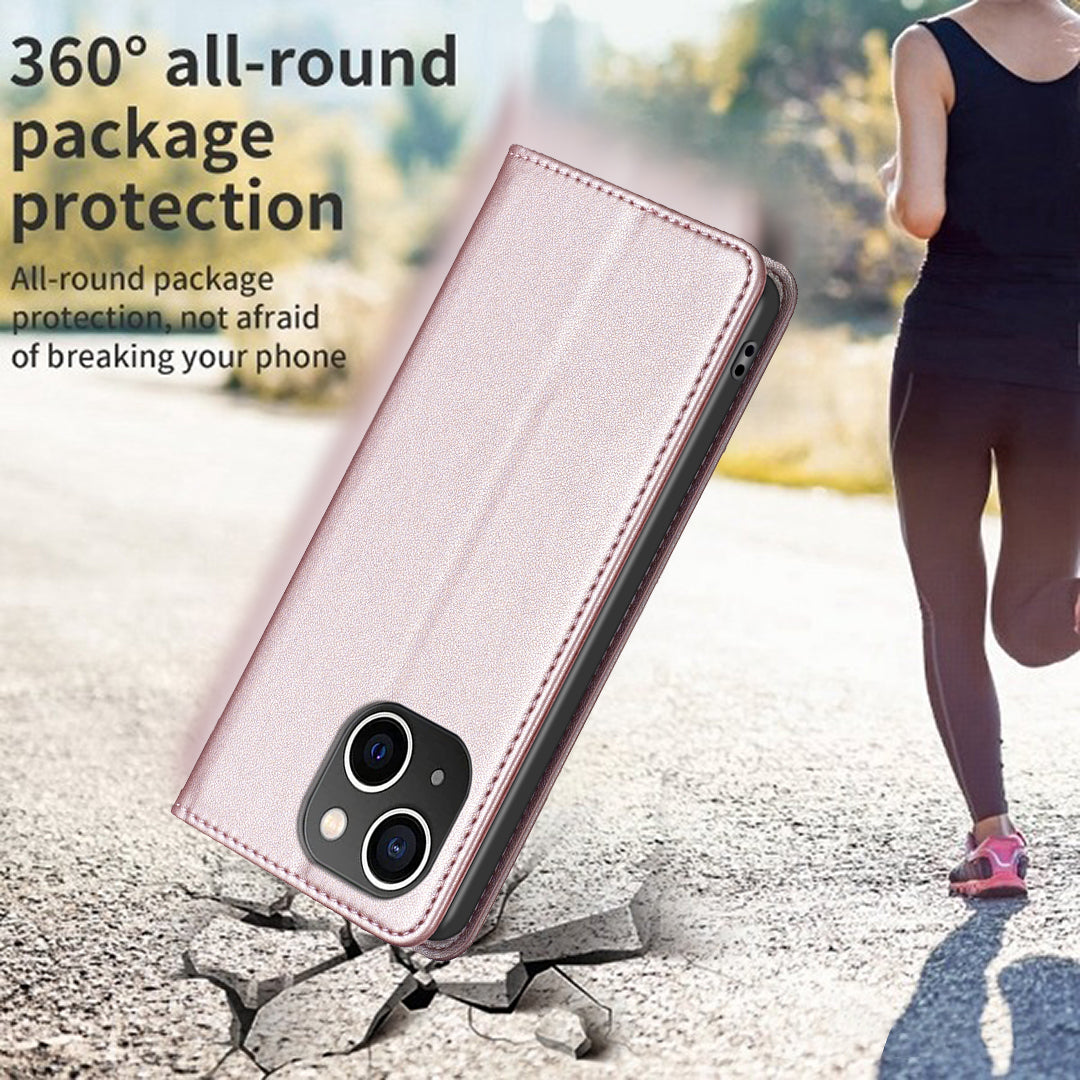 Binfen Color BF18 PU Leather Cover for iPhone 15 Plus Card Holder Phone Case with Stand - Rose Gold