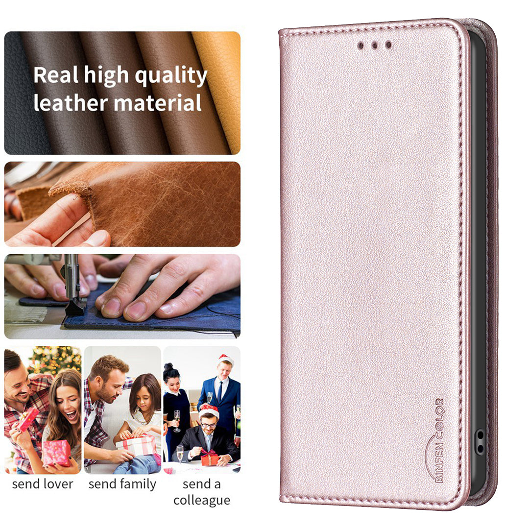 Binfen Color BF18 PU Leather Cover for iPhone 15 Plus Card Holder Phone Case with Stand - Rose Gold
