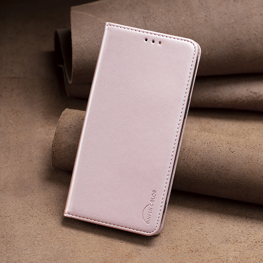 Binfen Color BF18 PU Leather Cover for iPhone 15 Plus Card Holder Phone Case with Stand - Rose Gold