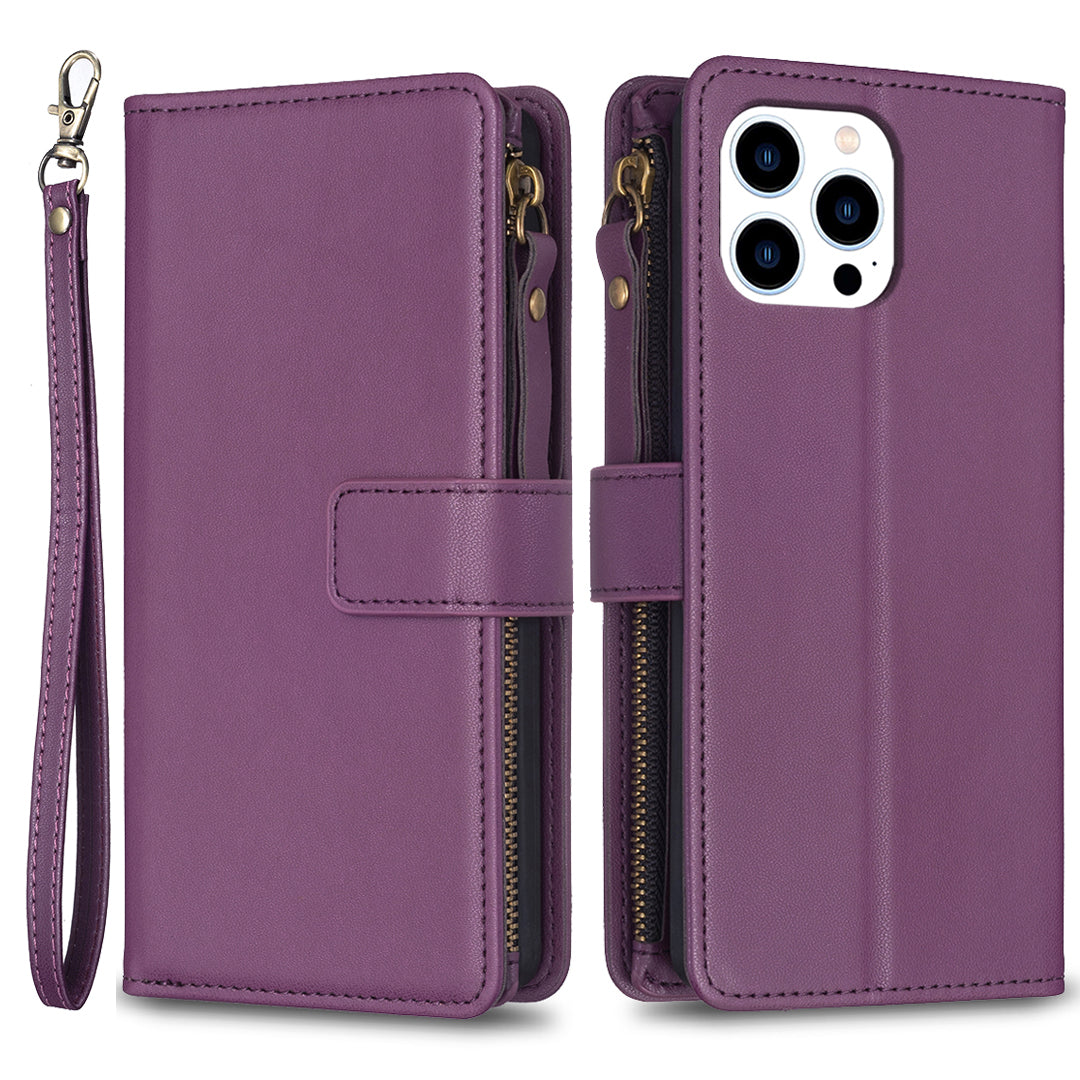 BF Style-19 For iPhone 15 Pro Zipper Pocket PU Leather Case Wallet Stand Phone Cover - Dark Purple