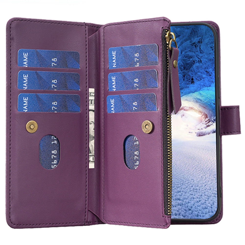 BF Style-19 For iPhone 15 Pro Zipper Pocket PU Leather Case Wallet Stand Phone Cover - Dark Purple