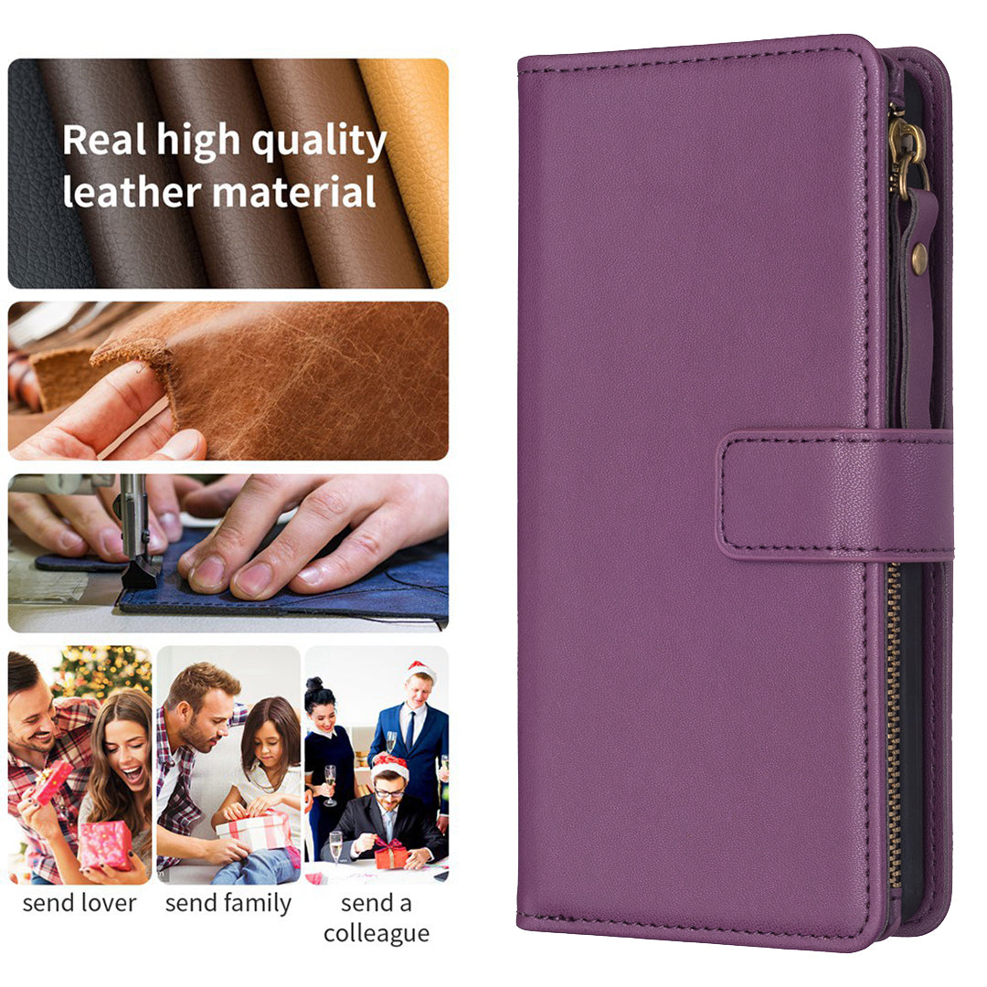 BF Style-19 For iPhone 15 Pro Zipper Pocket PU Leather Case Wallet Stand Phone Cover - Dark Purple
