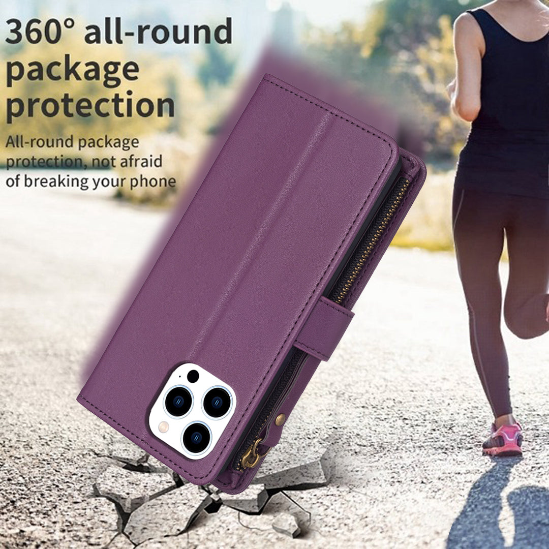 BF Style-19 For iPhone 15 Pro Zipper Pocket PU Leather Case Wallet Stand Phone Cover - Dark Purple
