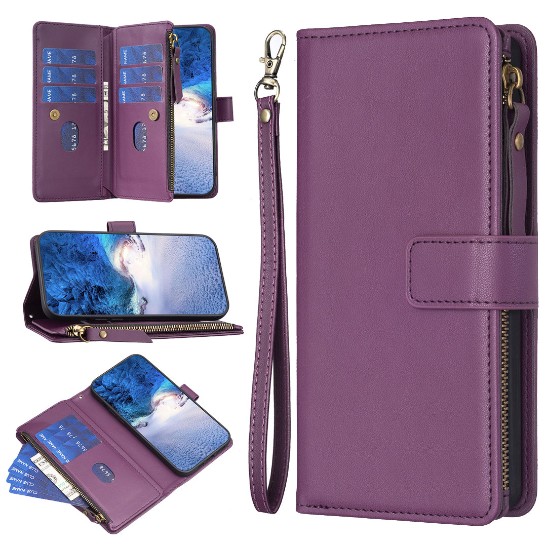 BF Style-19 For iPhone 15 Pro Zipper Pocket PU Leather Case Wallet Stand Phone Cover - Dark Purple