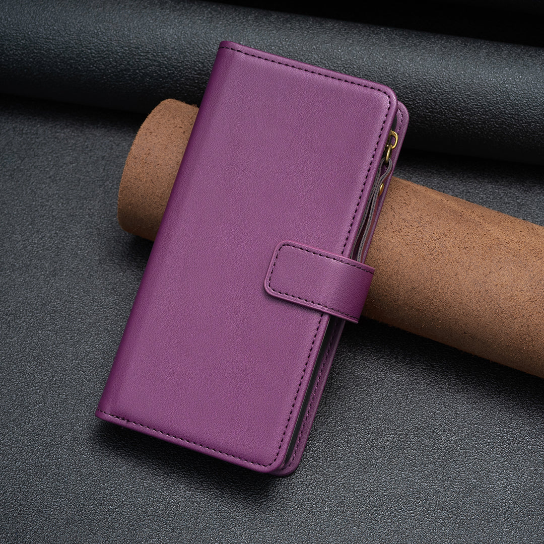 BF Style-19 For iPhone 15 Pro Zipper Pocket PU Leather Case Wallet Stand Phone Cover - Dark Purple