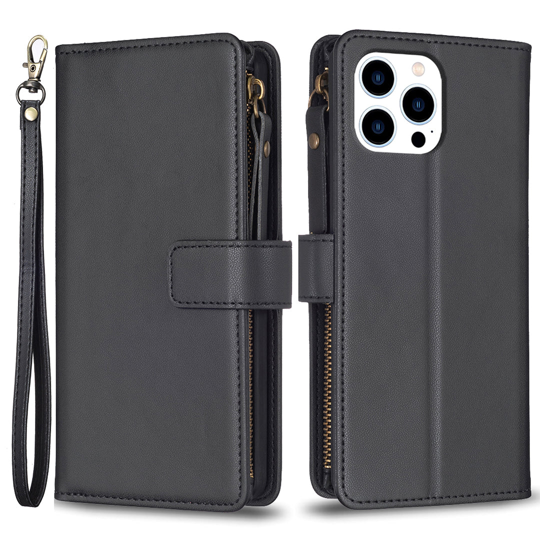 BF Style-19 For iPhone 15 Pro Zipper Pocket PU Leather Case Wallet Stand Phone Cover - Black
