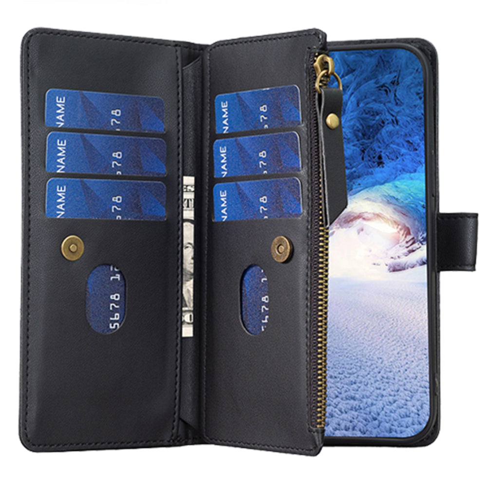 BF Style-19 For iPhone 15 Pro Zipper Pocket PU Leather Case Wallet Stand Phone Cover - Black