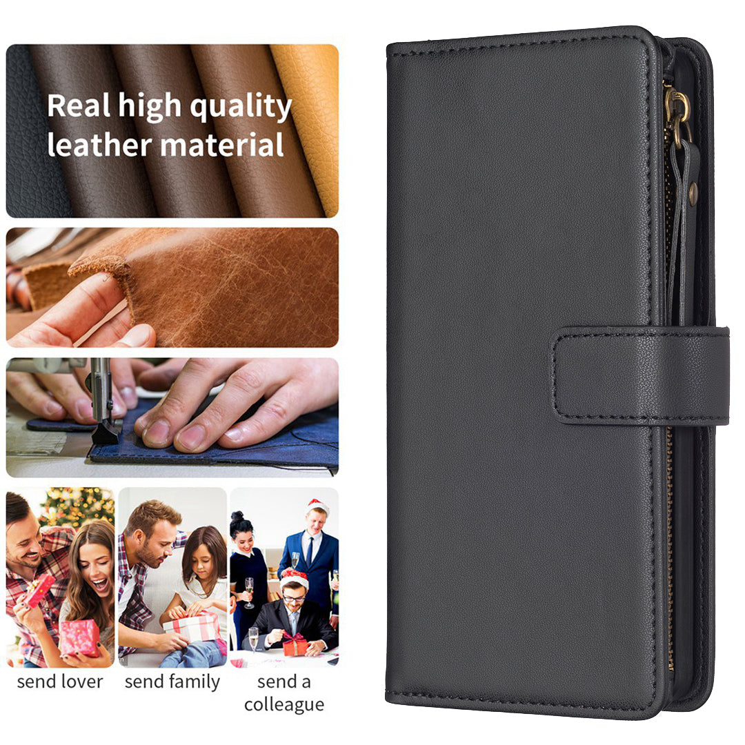 BF Style-19 For iPhone 15 Pro Zipper Pocket PU Leather Case Wallet Stand Phone Cover - Black
