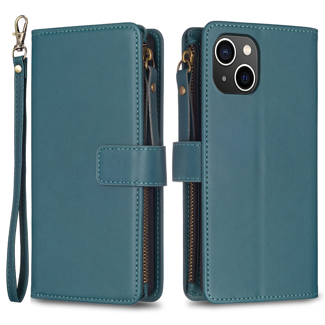 BF Style-19 For iPhone 15 PU Leather Stand Phone Case Zipper Pocket Anti-drop Wallet Cover - Green