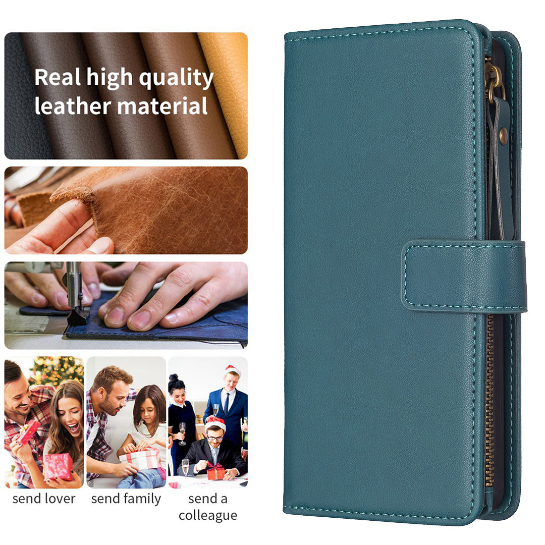 BF Style-19 For iPhone 15 PU Leather Stand Phone Case Zipper Pocket Anti-drop Wallet Cover - Green