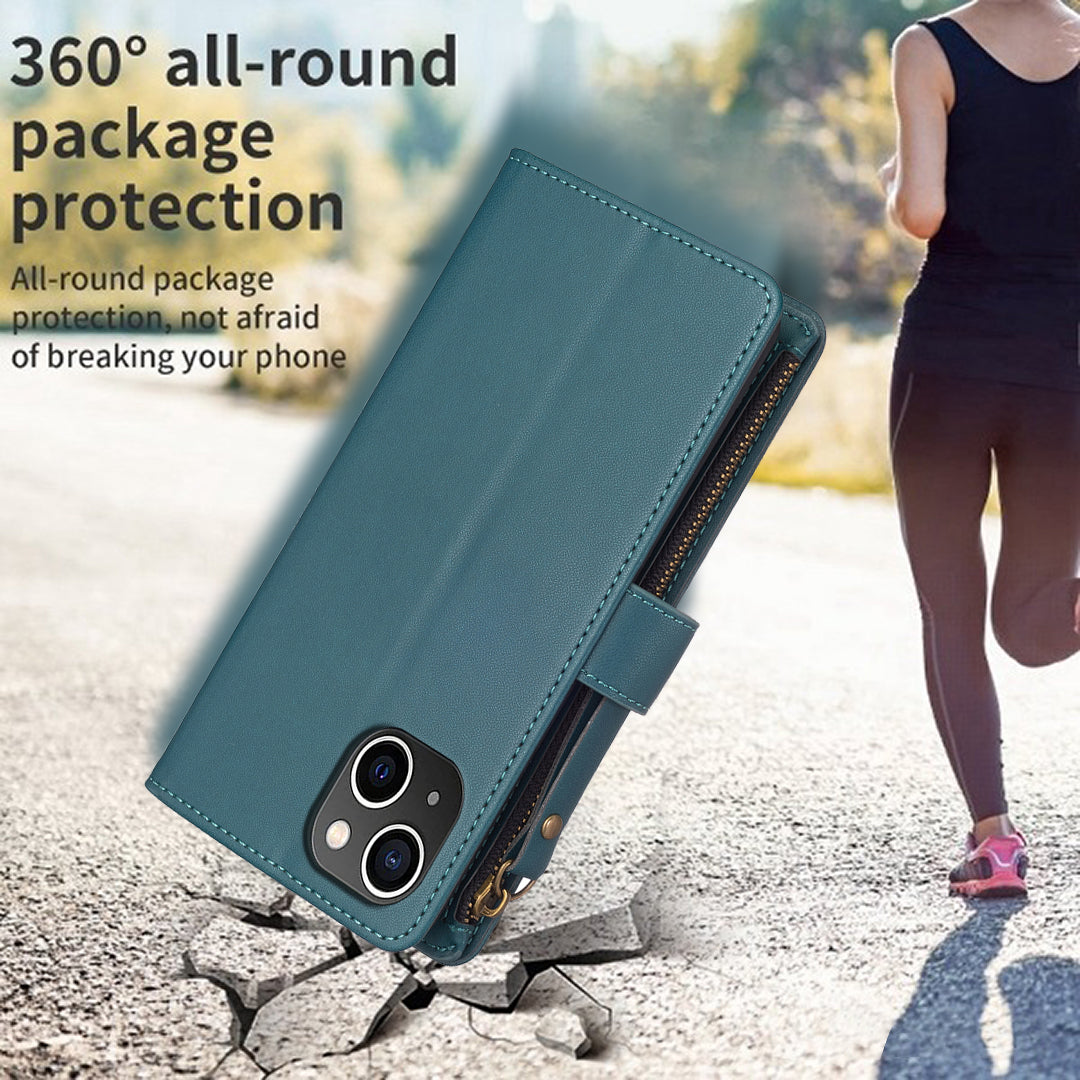 BF Style-19 For iPhone 15 PU Leather Stand Phone Case Zipper Pocket Anti-drop Wallet Cover - Green