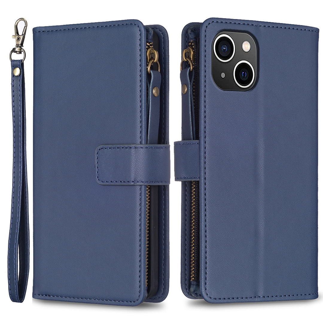BF Style-19 For iPhone 15 PU Leather Stand Phone Case Zipper Pocket Anti-drop Wallet Cover - Blue