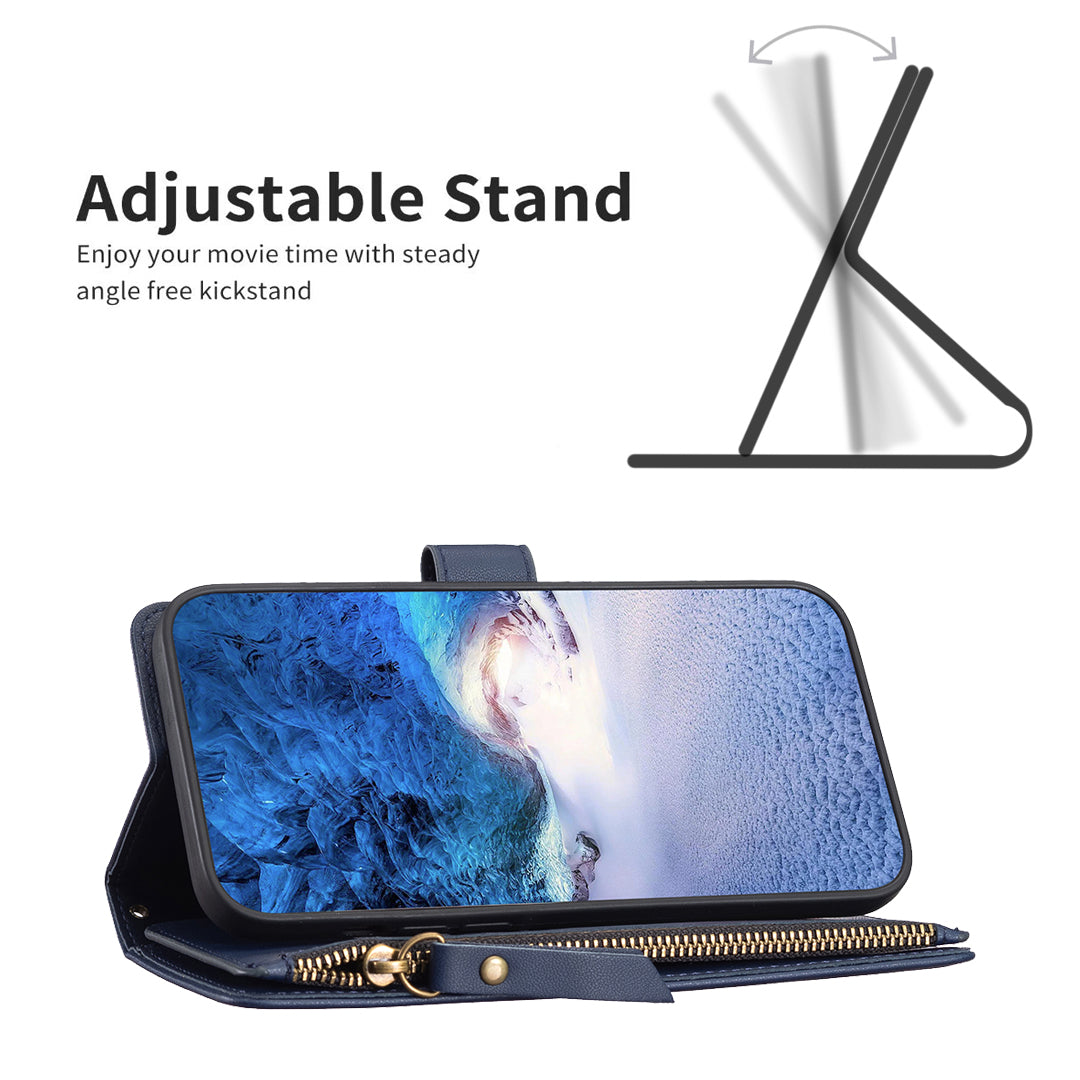 BF Style-19 For iPhone 15 PU Leather Stand Phone Case Zipper Pocket Anti-drop Wallet Cover - Blue