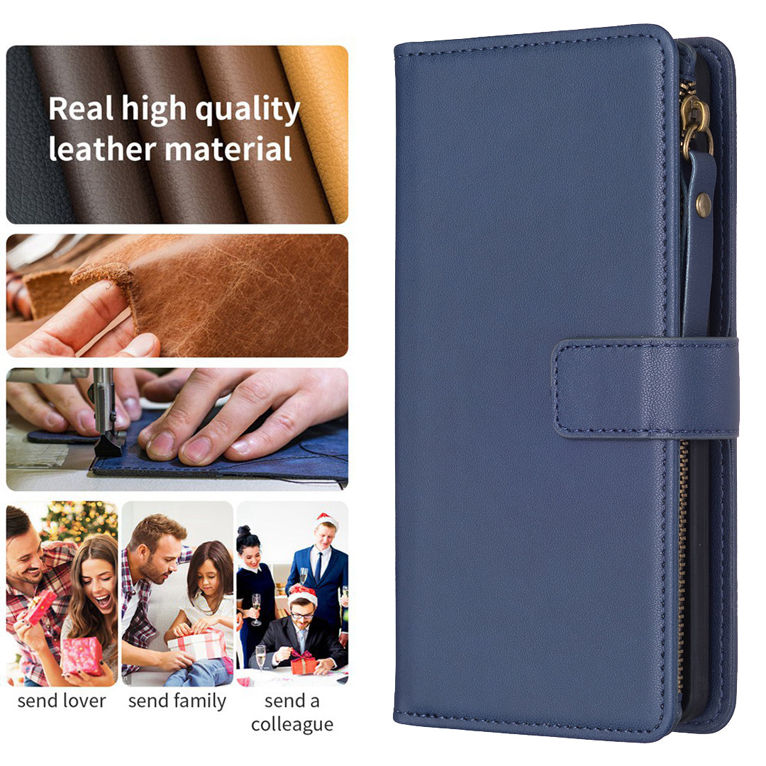BF Style-19 For iPhone 15 PU Leather Stand Phone Case Zipper Pocket Anti-drop Wallet Cover - Blue