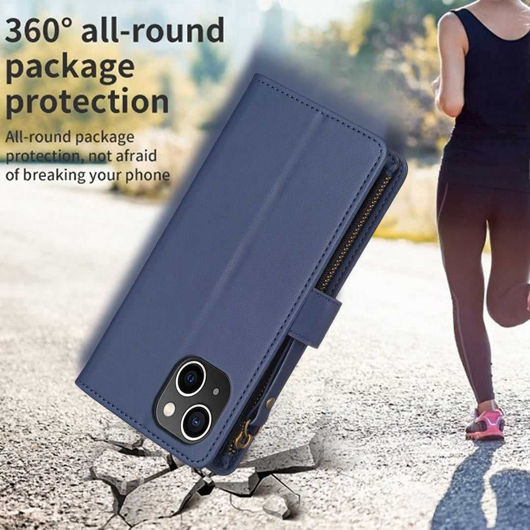 BF Style-19 For iPhone 15 PU Leather Stand Phone Case Zipper Pocket Anti-drop Wallet Cover - Blue