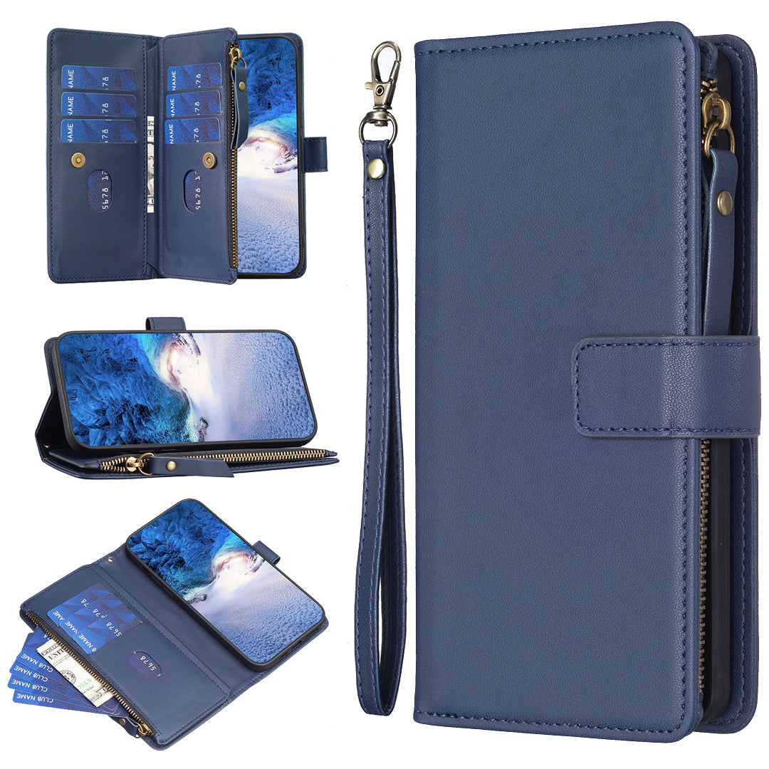 BF Style-19 For iPhone 15 PU Leather Stand Phone Case Zipper Pocket Anti-drop Wallet Cover - Blue