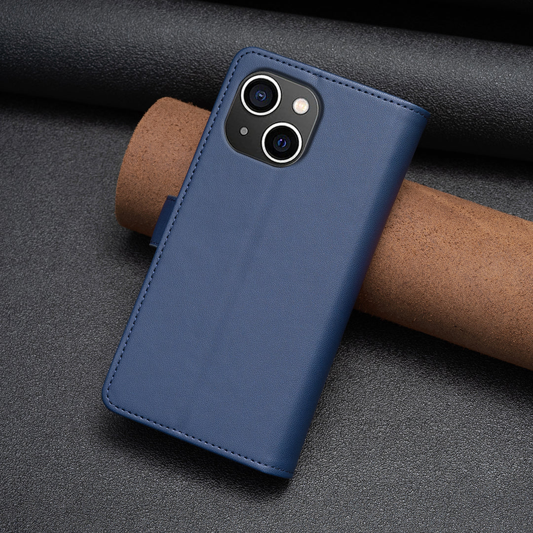 BF Style-19 For iPhone 15 PU Leather Stand Phone Case Zipper Pocket Anti-drop Wallet Cover - Blue