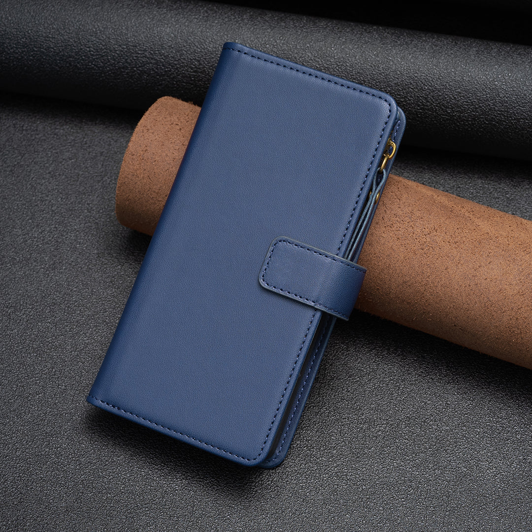 BF Style-19 For iPhone 15 PU Leather Stand Phone Case Zipper Pocket Anti-drop Wallet Cover - Blue