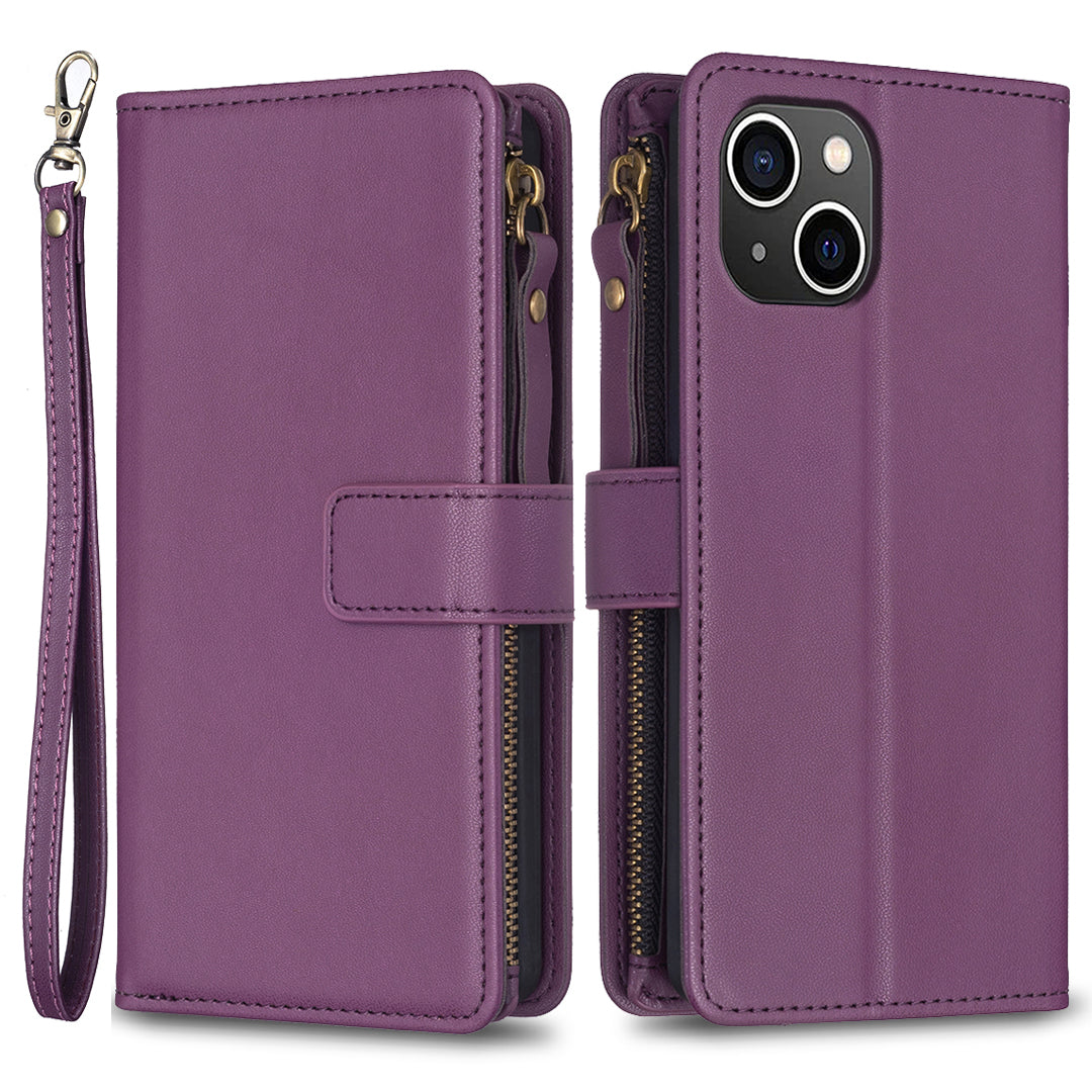 BF Style-19 For iPhone 15 PU Leather Stand Phone Case Zipper Pocket Anti-drop Wallet Cover - Dark Purple